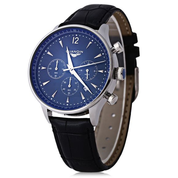 GUANQIN GQ001 Water Resistance Male Japan Luxury Quartz Watch Leather Watchband Working Sub-dials - Bleu 