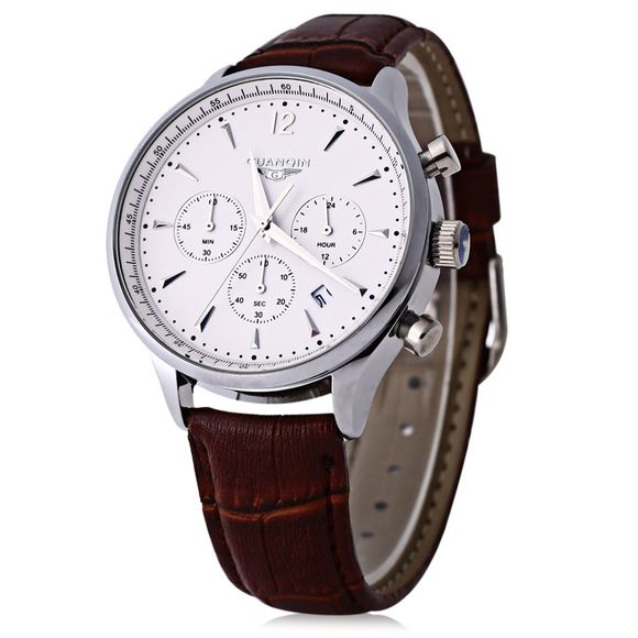 GUANQIN GQ001 Water Resistance Male Japan Luxury Quartz Watch Leather Watchband Working Sub-dials - Argent et Blanc 