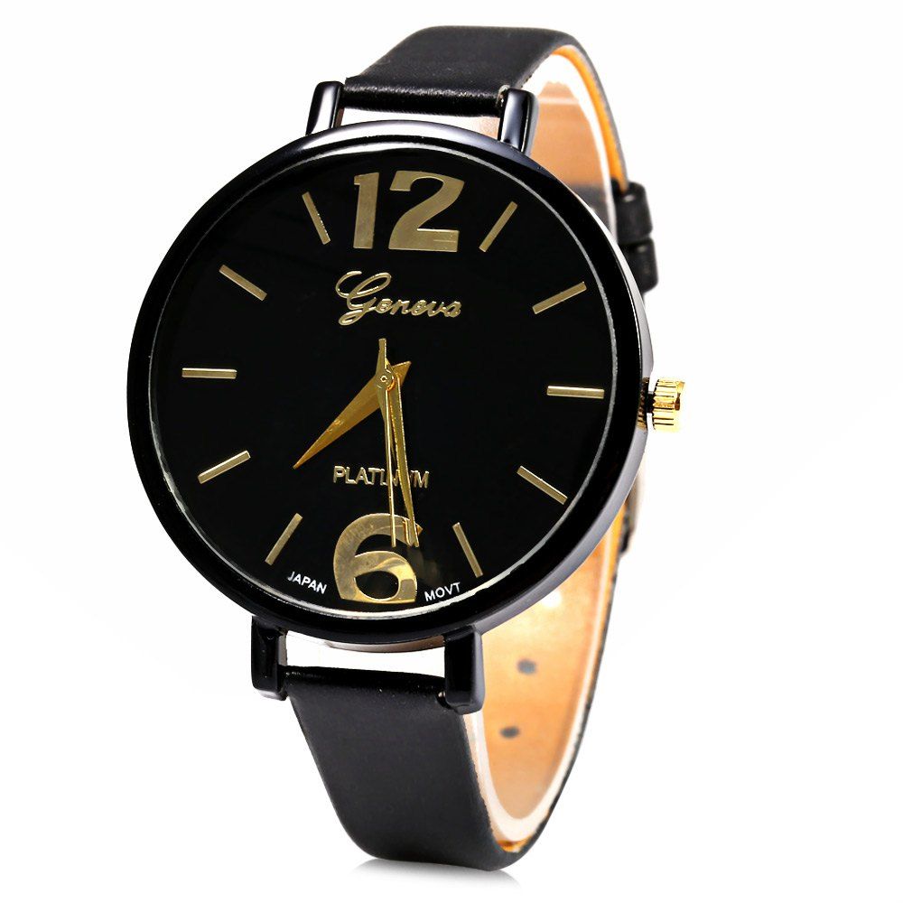 

Geneva Big Round Dial Wristwatch Female Japan Quartz Watch Slim Leather Band, Black