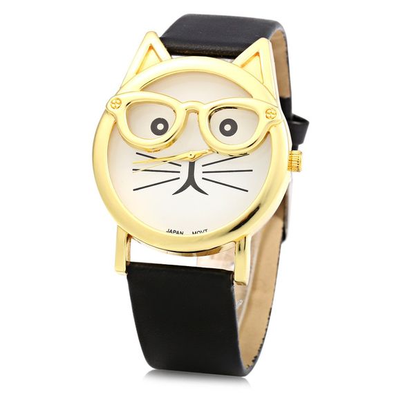 Round Dial Cat Glasses Shape Dial Wristwatch Female Japan Quartz Watch Leather Band - BLACK 