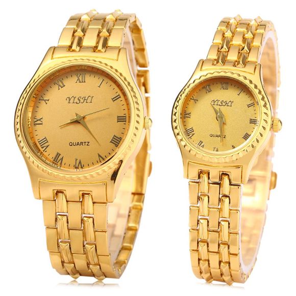 YiShi 908 Ensemble de montre à quartz Couple Golden Roman Number Stainless Steel Watchband - d'or 
