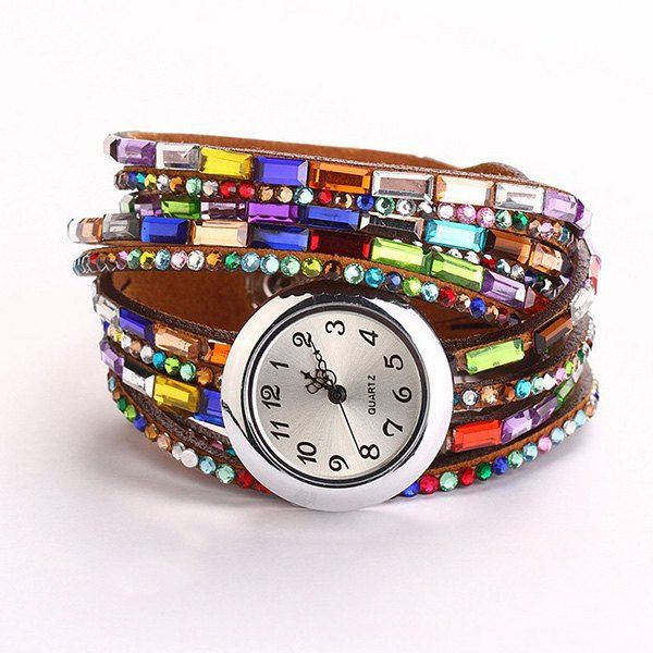 

Quartz Faux Gem Wrap Bracelet Watch, Brown