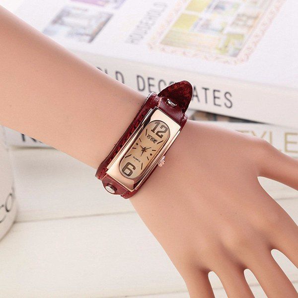 Artificial Leather Geometric Wrist Bracelet Watch, Red