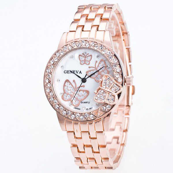 

Butterfly Rhinestone Steel Band Quartz Watch, Rose gold