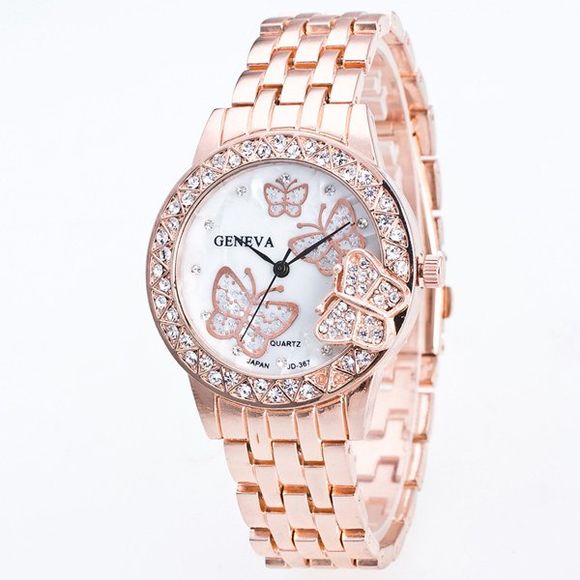 Quartz Montra de Papillon avec Strass Bande d'Acier - Or de Rose 