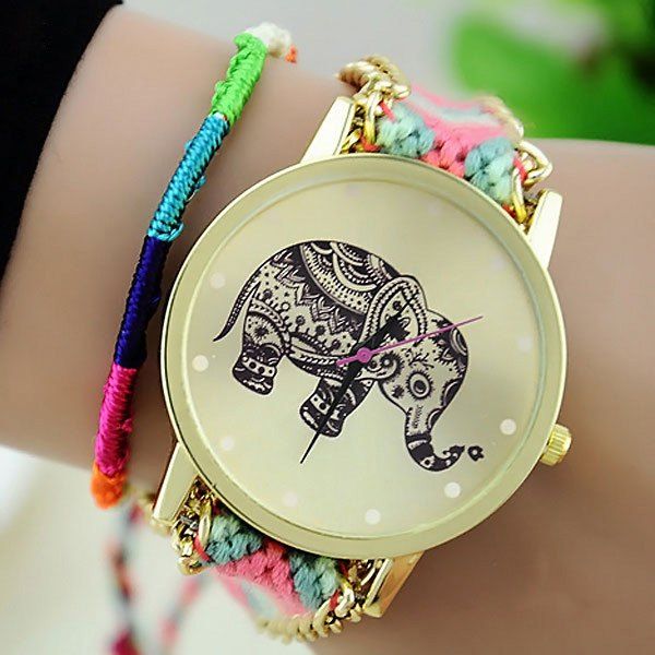Woven Woolen Ladies Quartz Wrist Watch Elephant Pattern Pull Cords Bracelet - 03 