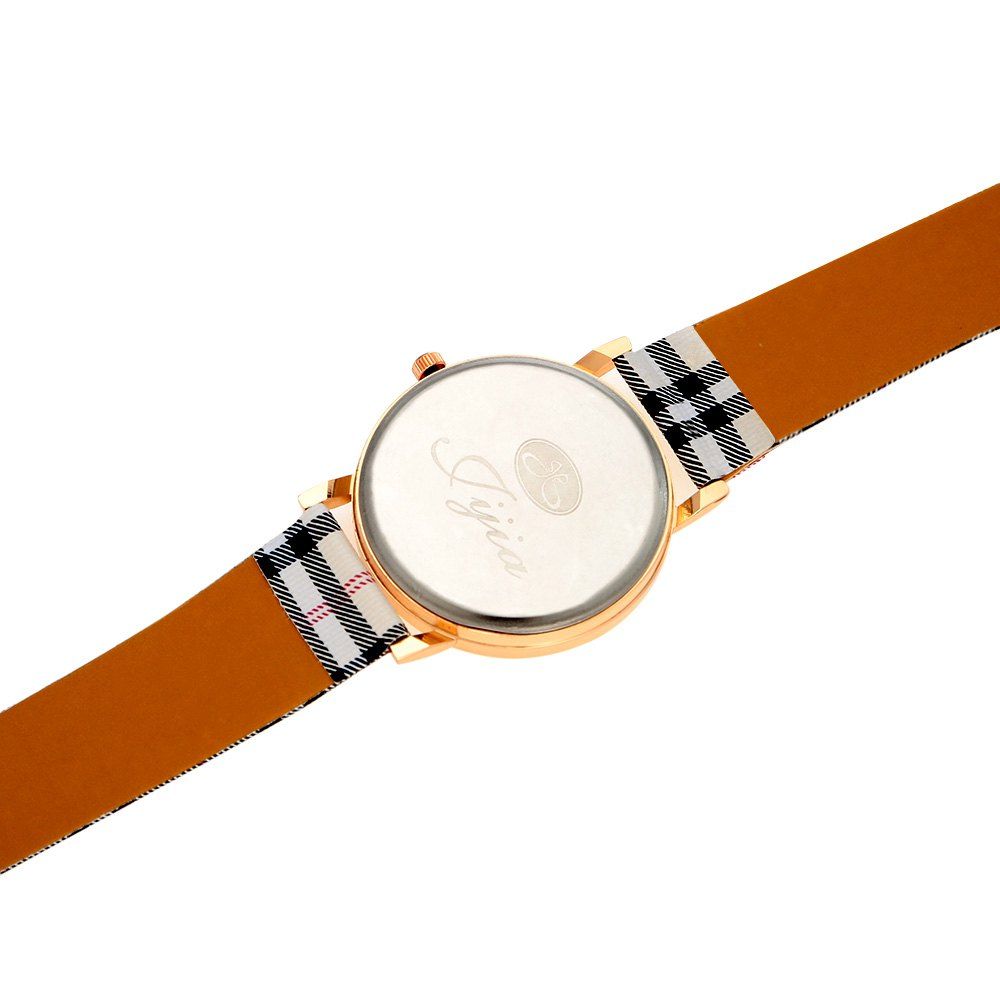 2018 Jijia Golden Case Women Quartz Watch with Plaid Leather Strap