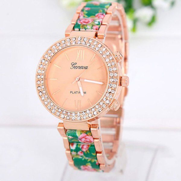 

Roman Numerals Rhinestone Floral Printed Watch, Green