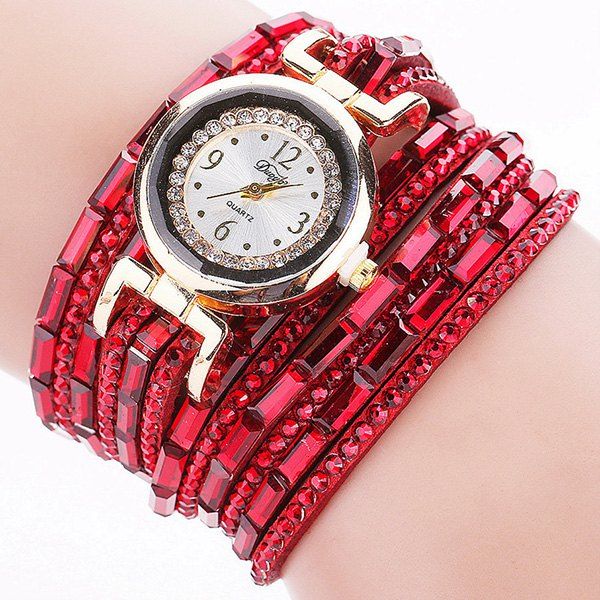 

Faux Leather Rhinestoned Bracelet Watch, Red