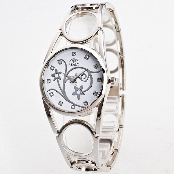 

Rhinestone Flower Circle Bracelet Watch, Silver
