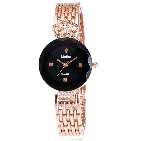

Rhinestone Crown Steel Band Quartz Watch, Black