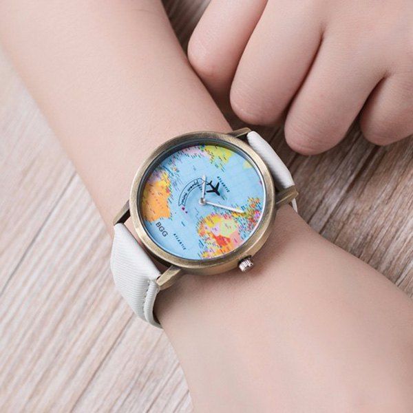 

Artificial Leather World Map Airplane Watch, White