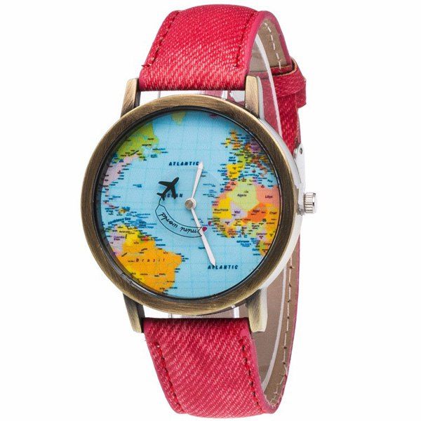 

Artificial Leather World Map Airplane Watch, Red