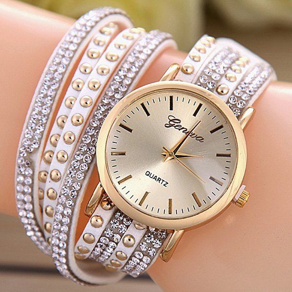

Faux Leather Rhinestone Rivets Bracelet Watch, White