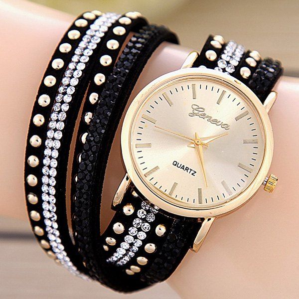 

Faux Leather Rhinestone Rivets Bracelet Watch, Black