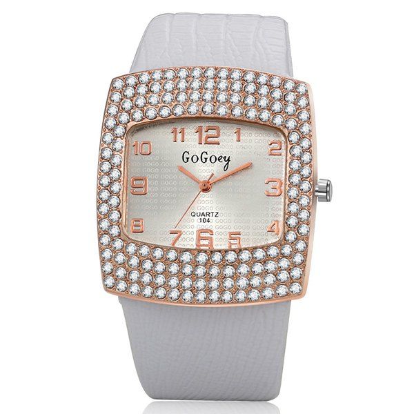 

Geometric Dial Plate Rhinestone Quartz Watch, White