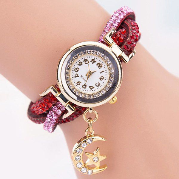 

Rhinestoned Star Moon Bracelet Watch, Red