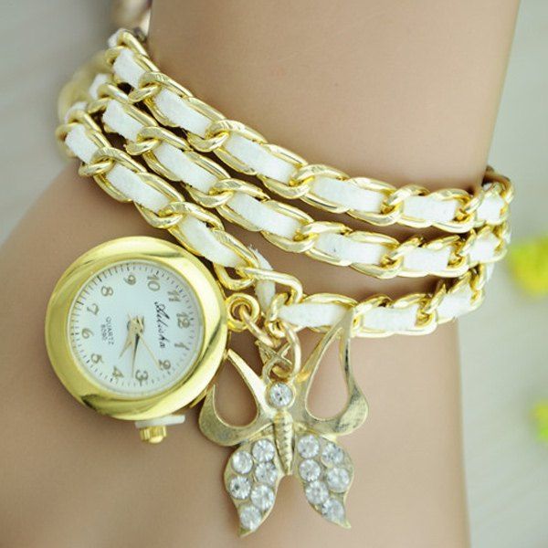 

Faux Leather Chain Butterfly Bracelet Watch, White