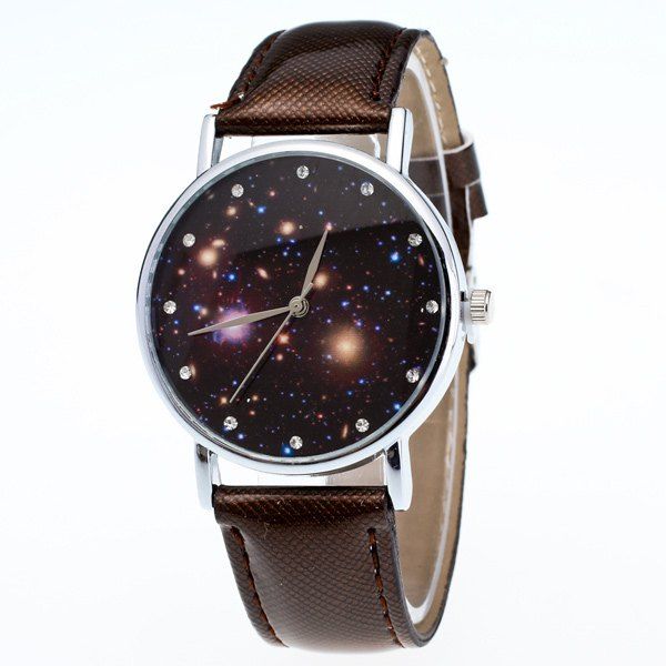 

Rhinestone Star Dial PU Leather Watch, Coffee