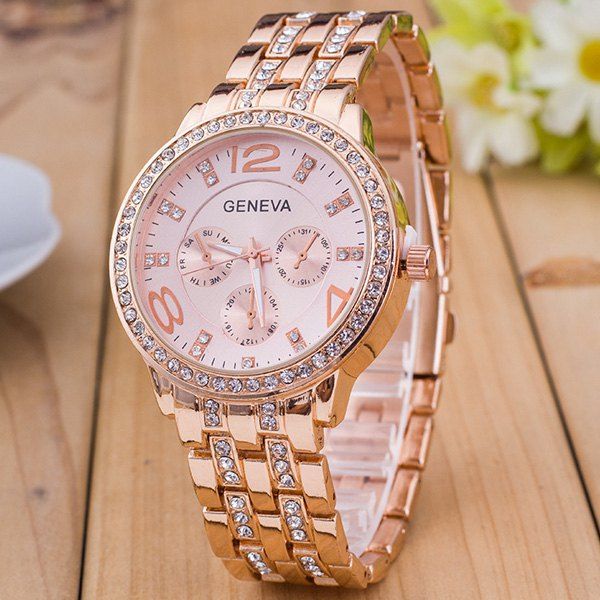 

Vintage Rhinestoned Stainless Steel Watch, Rose gold