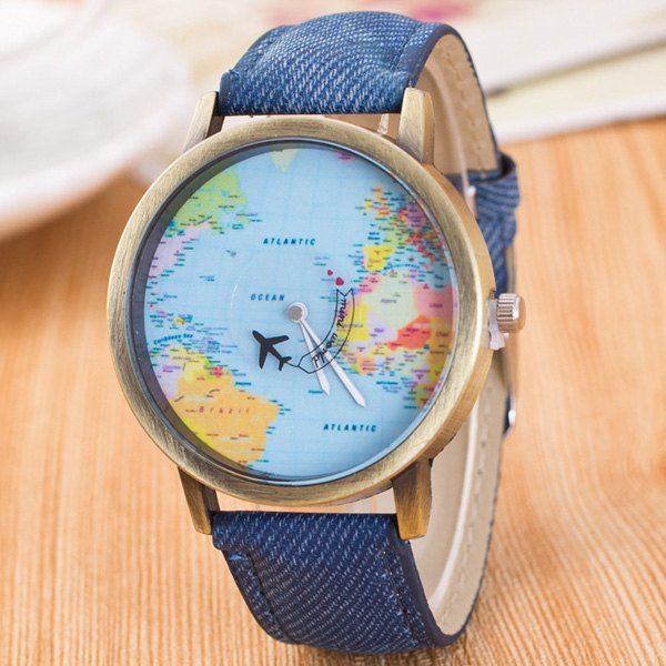 

Travel World Map Airplane Quartz Watch, Denim blue