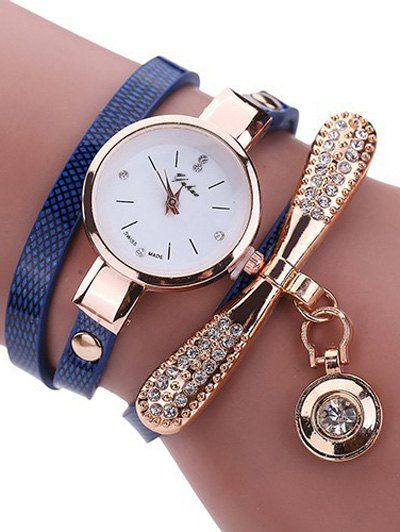 Montre-bracelet a manches en cuir avec faux diamants - Bleu 