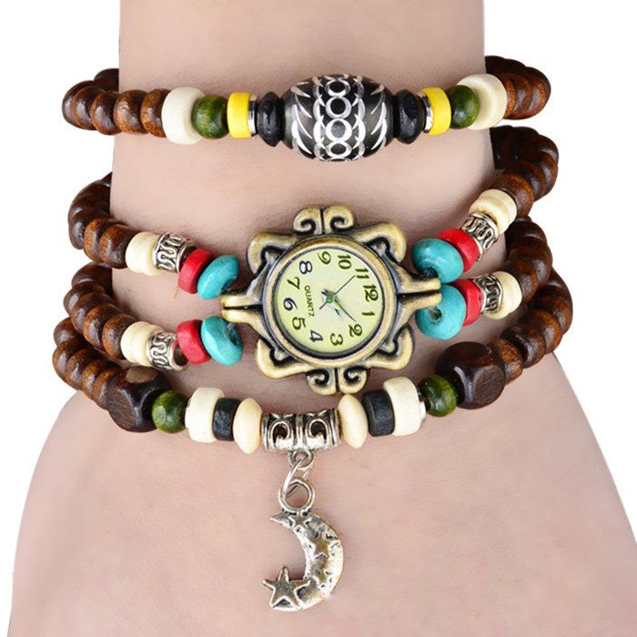 

Quartz Wrist Watch Beads Chain Round Dial Arabic Numerals Display for Women, Brown
