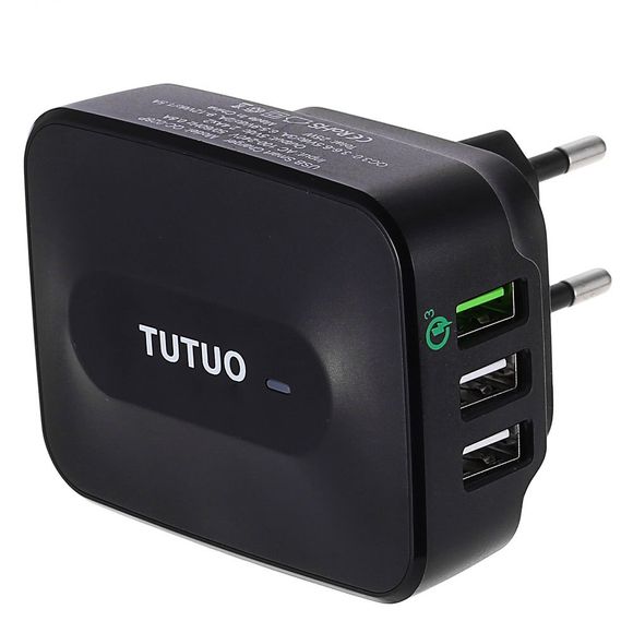 TUTUO QC - 028P Adaptateur Secteur Certifié Charge Rapide 3,0 Chargeur Mural avec Trois Ports USB - Noir EU PLUG