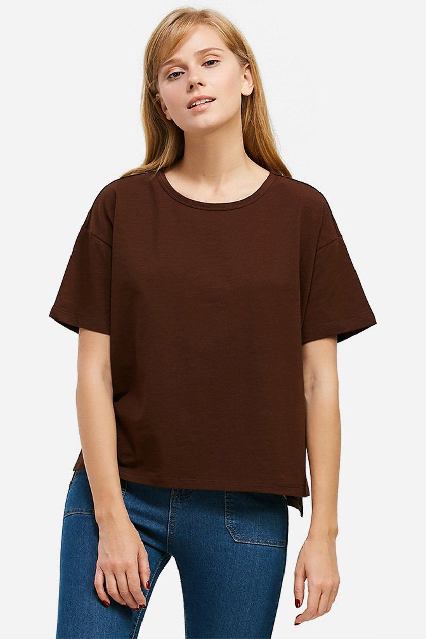 

ZAN.STYLE Box Cut Side Slit T-shirt, Coffee