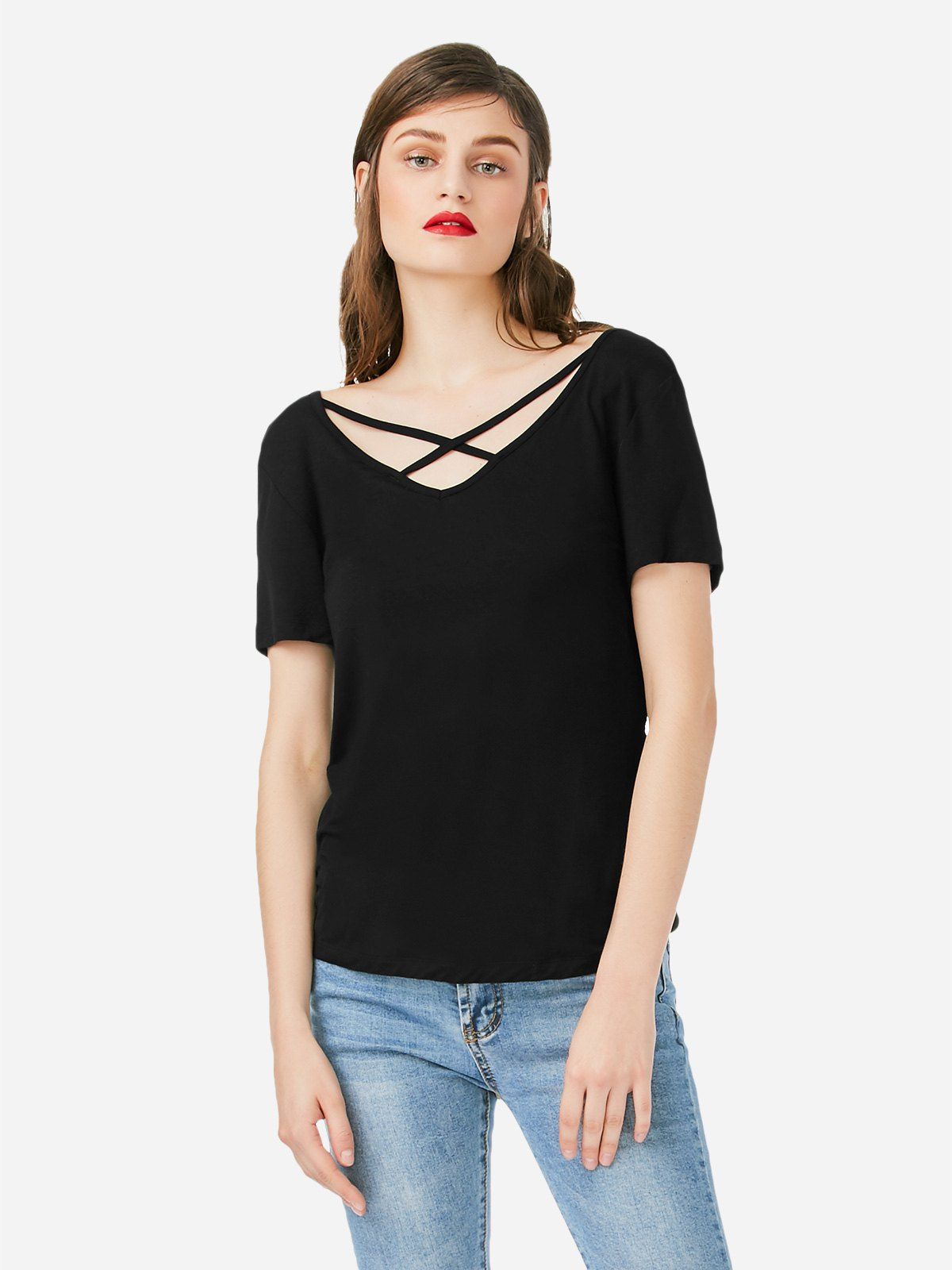 

Lace Up V Neck T-shirt, Black