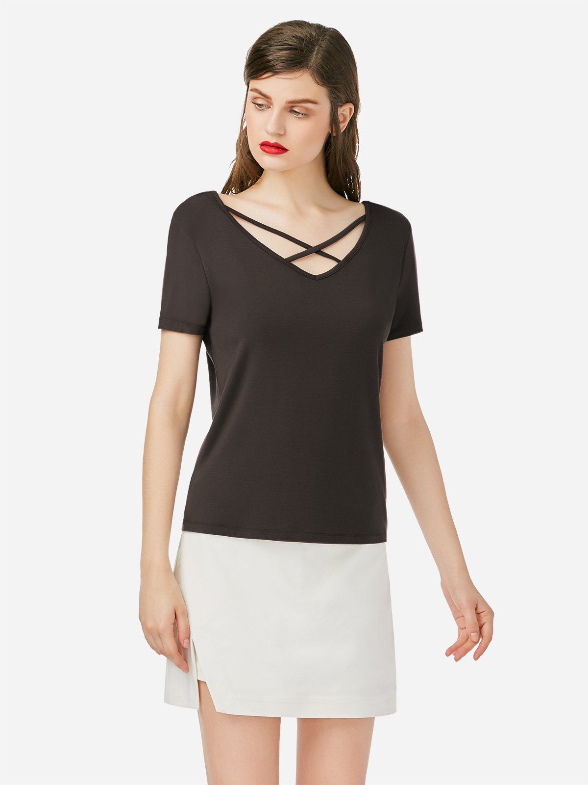 

Lace Up V Neck T-shirt, Coffee