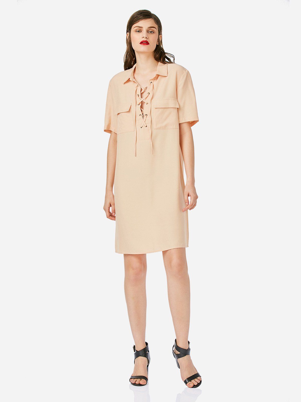 

Lace Up Front Dress, Coral pink