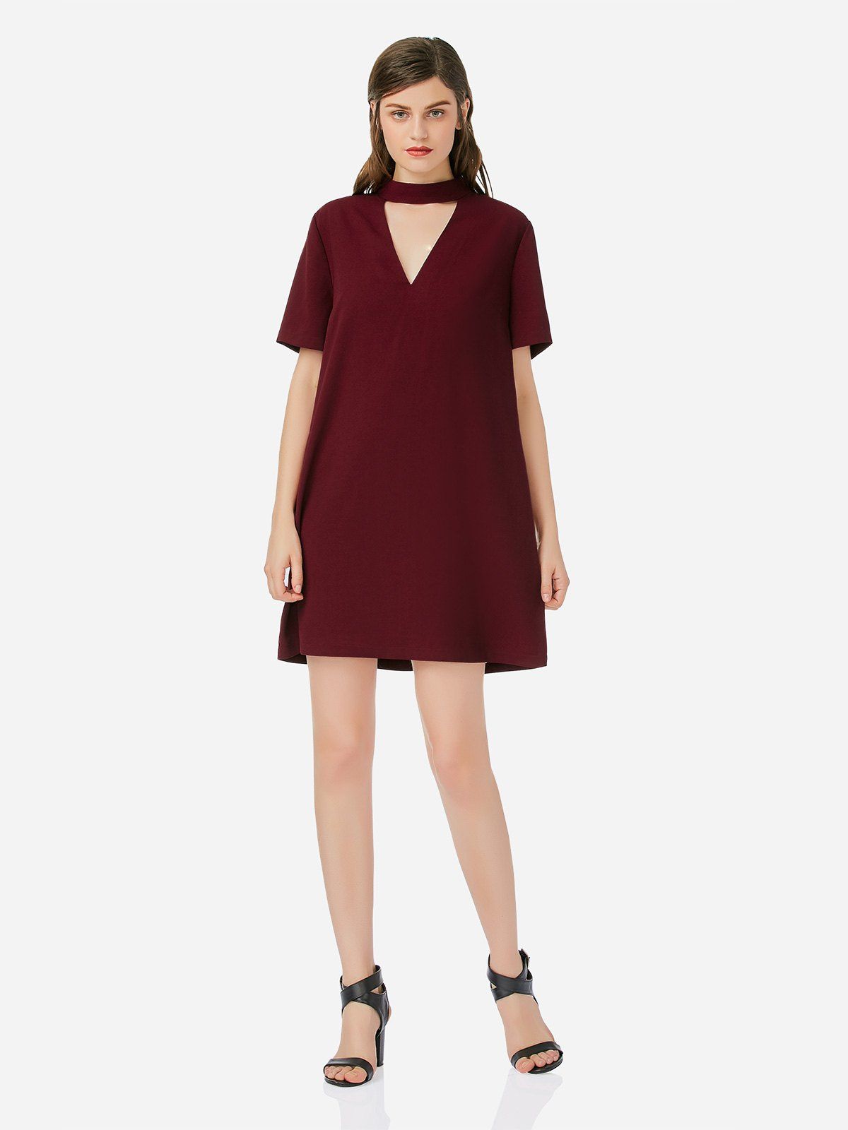 

Choker Neck Shirt Dress, Wine red