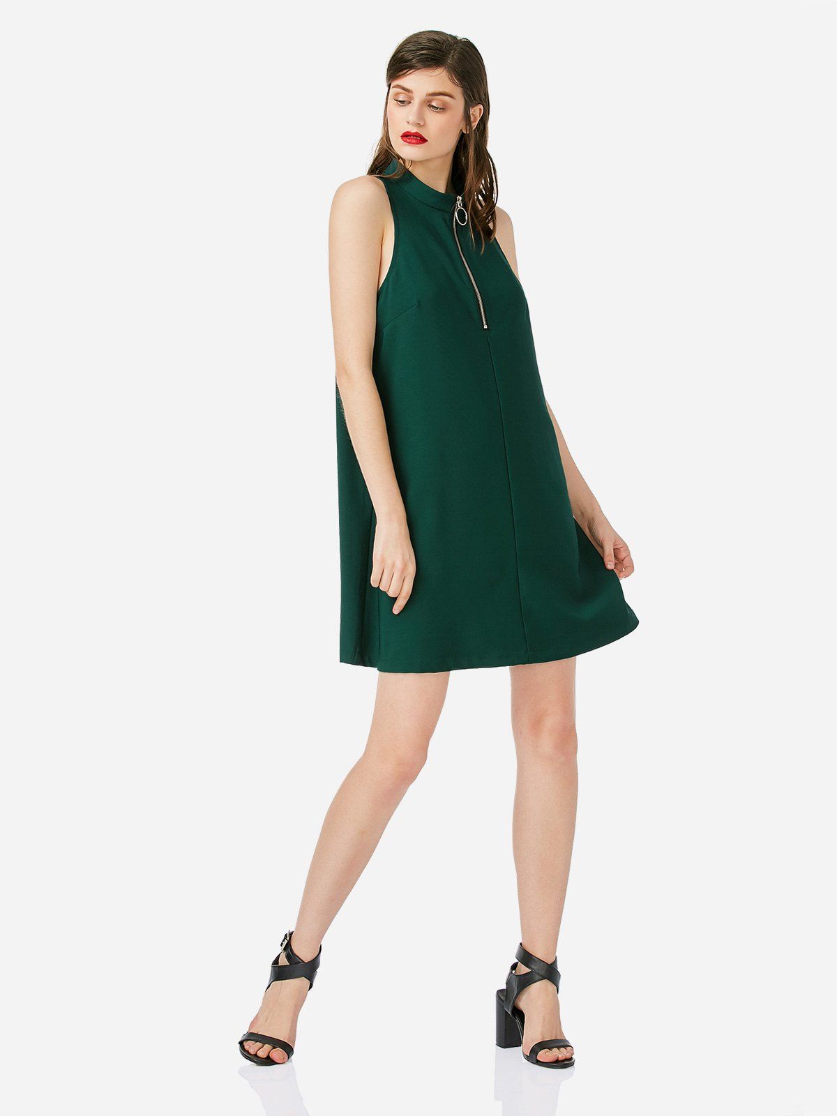 

Zip Sleeveless Dress, Blackish green