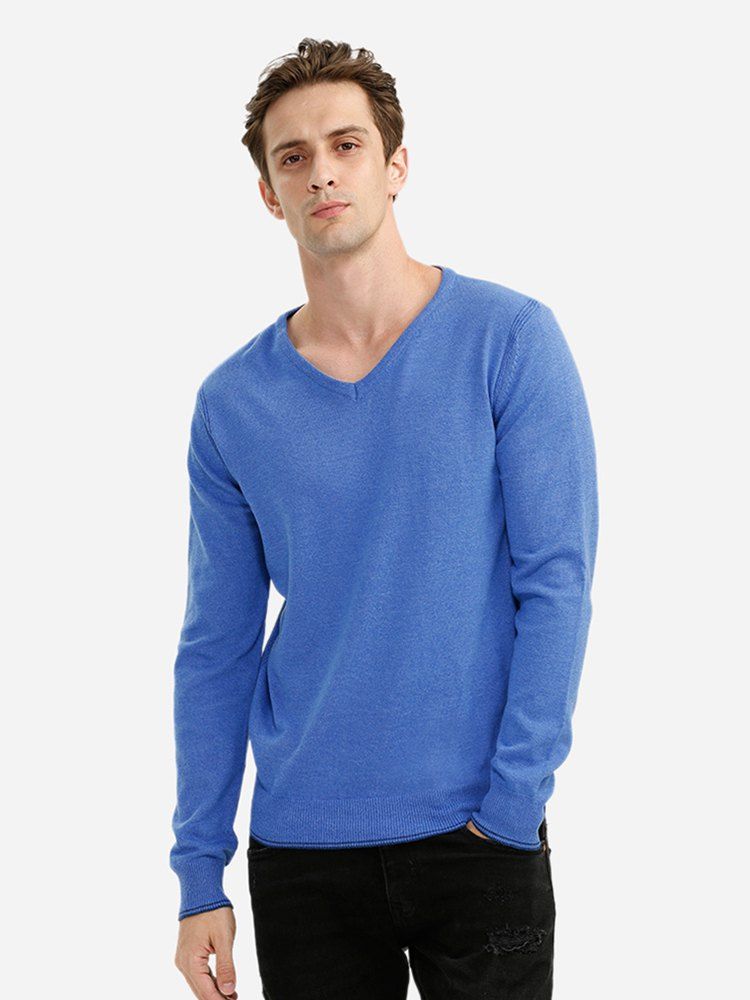 ZAN.STYLE V-neck Cotton Blend Knitwear - BLUE L