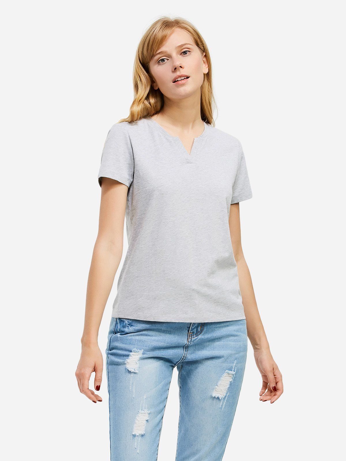 

ZAN.STYLE Split Neck T-shirt, Gray
