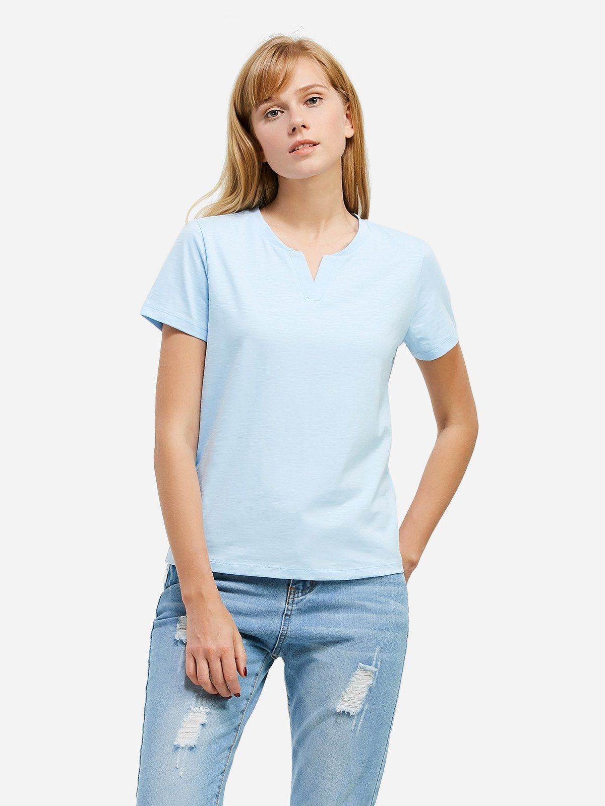 

ZAN.STYLE Split Neck T-shirt, Light blue