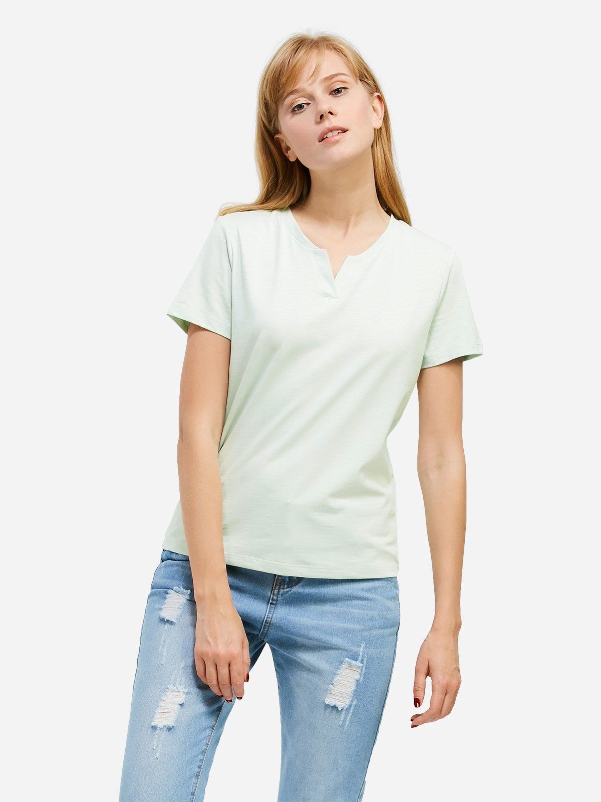 

ZAN.STYLE Split Neck T-shirt, Light green