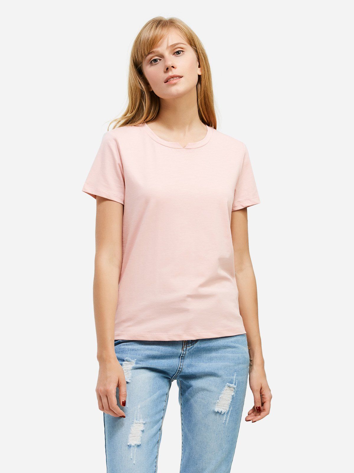 

ZAN.STYLE Slit Crew Neck T Shirt, Pink