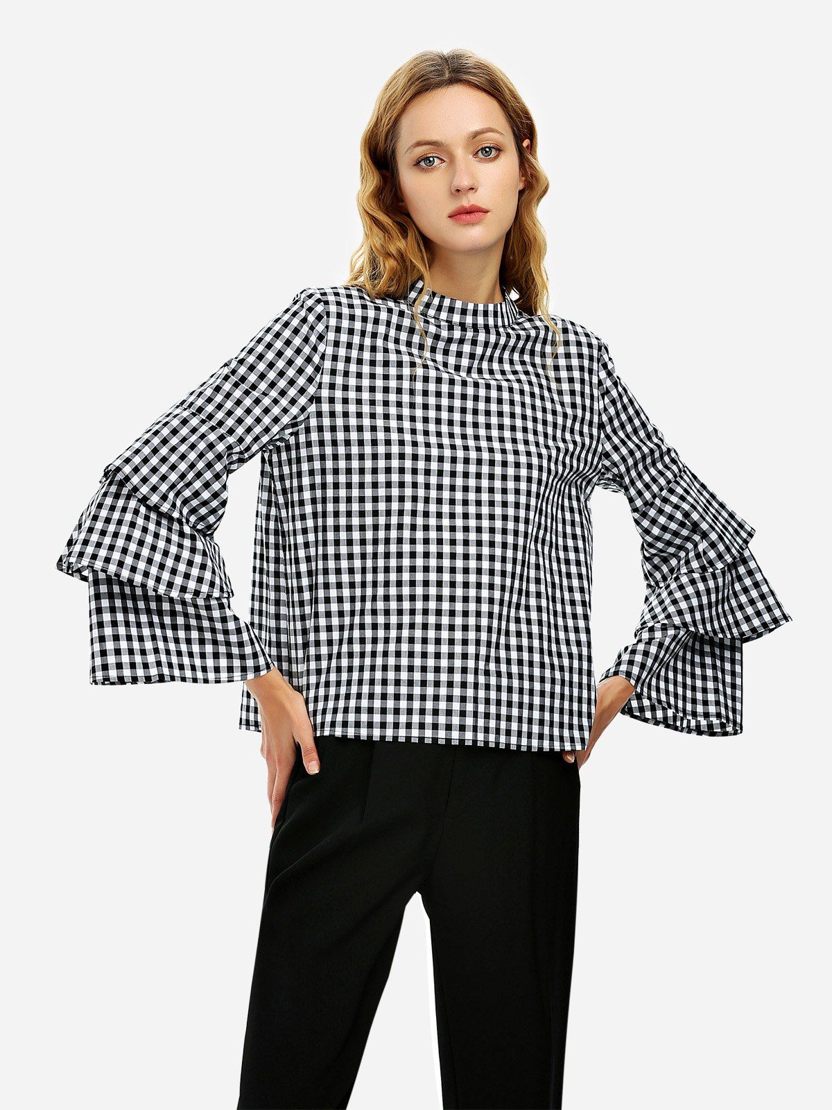 

ZAN.STYLE Bell Sleeve Plaid Blouse Shirt, Black and white