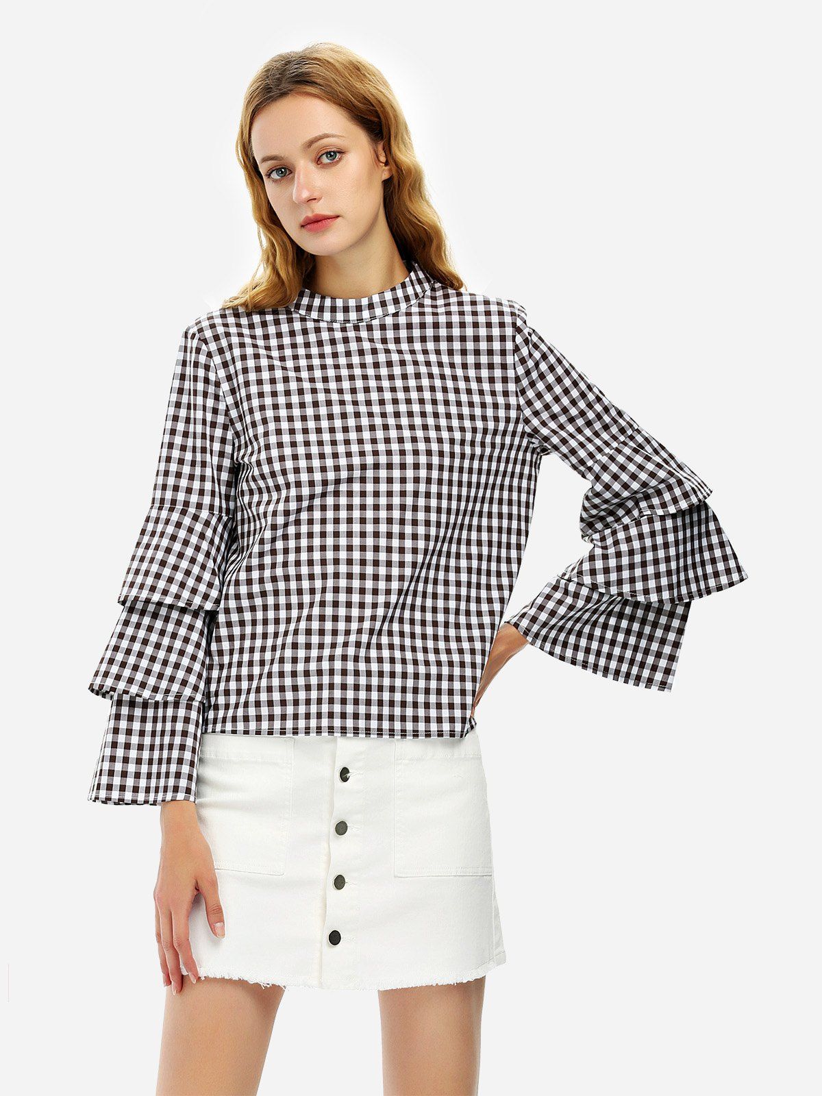 

ZAN.STYLE Bell Sleeve Plaid Blouse Shirt, White and coffee