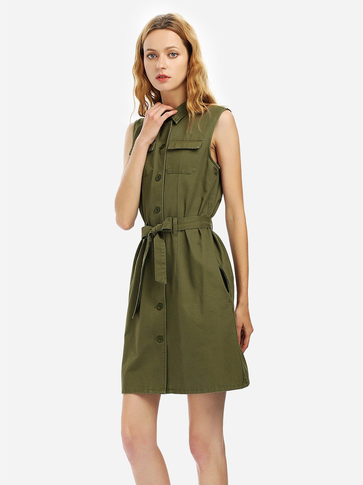 

ZAN.STYLE Belted Waist Sleeveless Shirt Dress, Army green