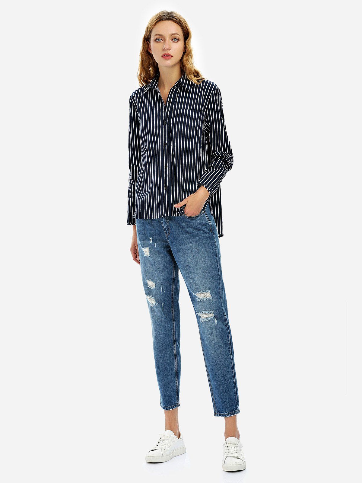 

ZAN.STYLE Loose Fit Collar Blouse, Purplish blue