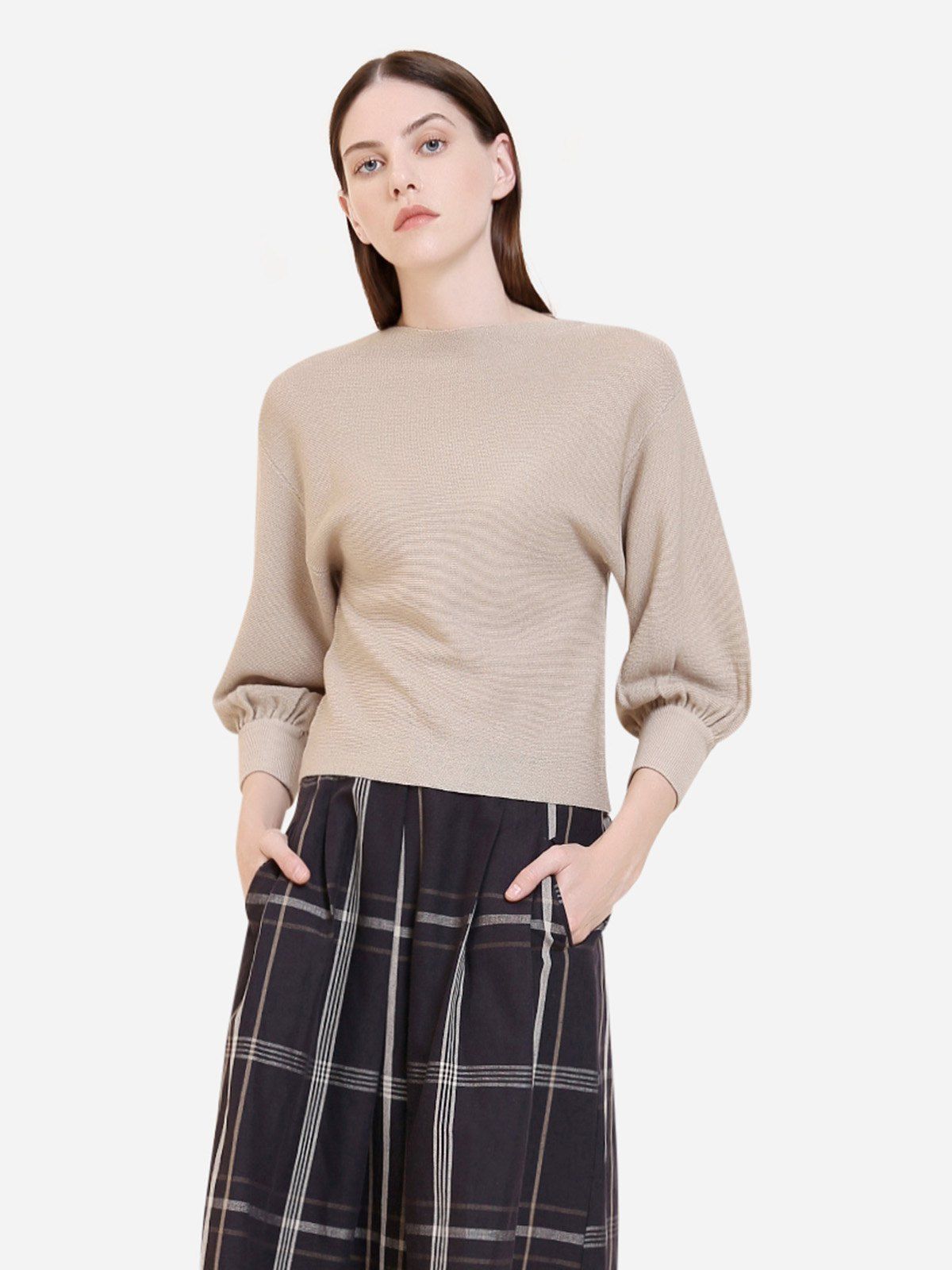 

ZAN.STYLE Cropped Ribbed Knit Sweater, Apricot