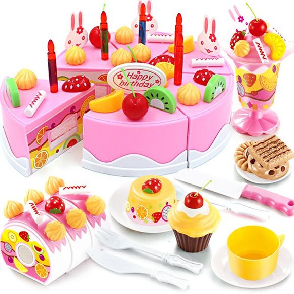 75pcs Gâteau D'anniversaire de Coupe Jeu de Simulation ABS Jouet de Cuisine pour Enfants - Rose 