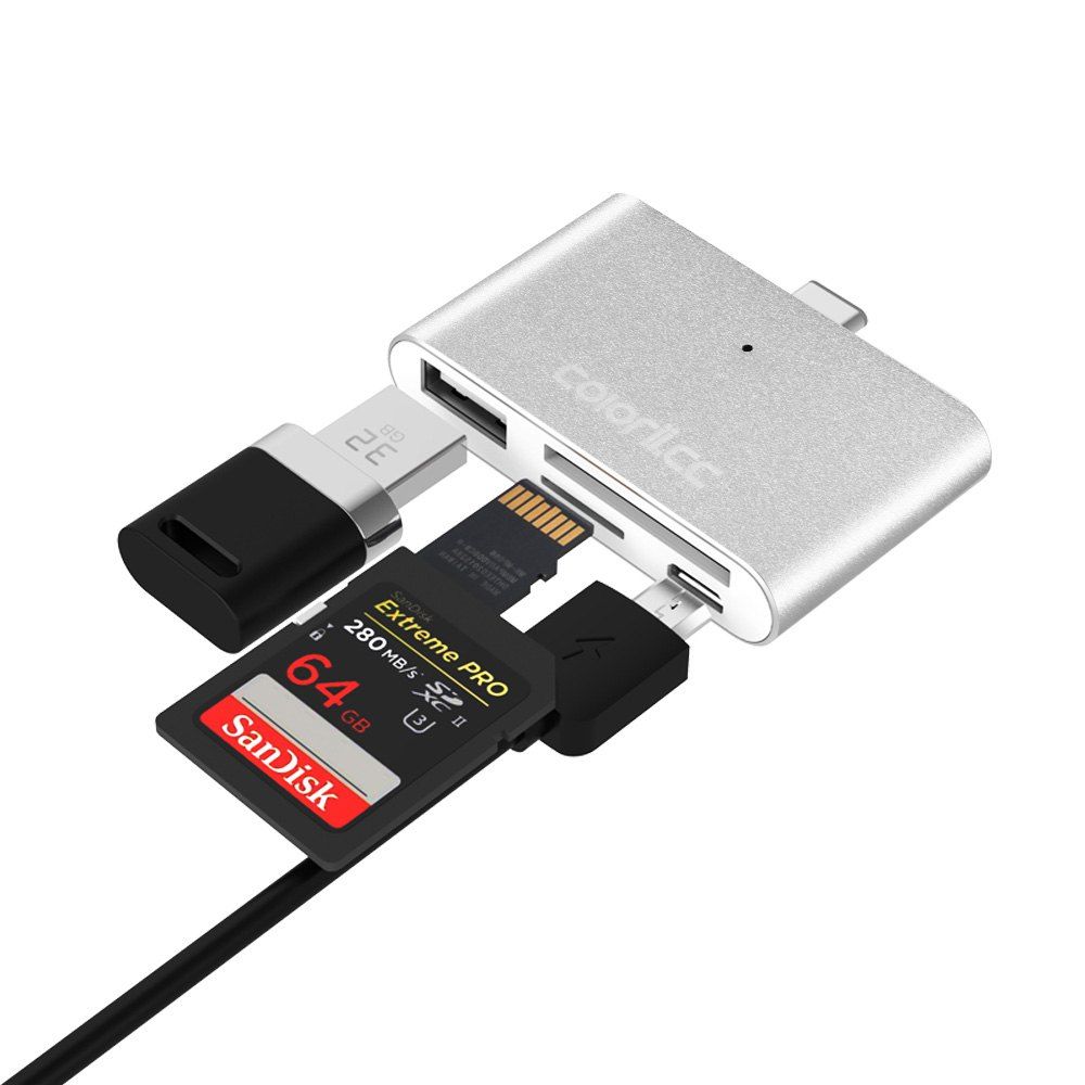 

Coloriicc C4 4-in-1 OTG Smart Reader USB Type-C HUB TF Connection Kit, Silver