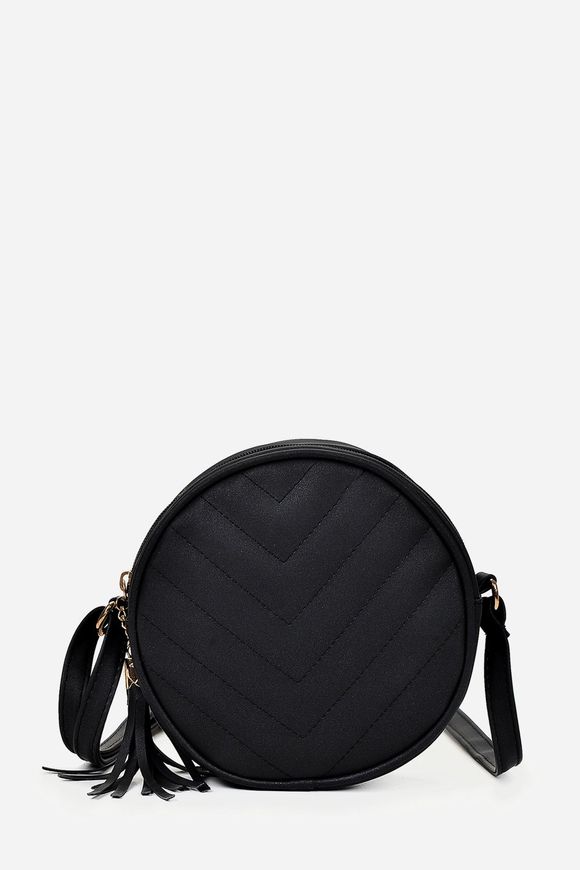 Woman Modern Tassel Decoration Round Mini Shoulder Bag - BLACK 