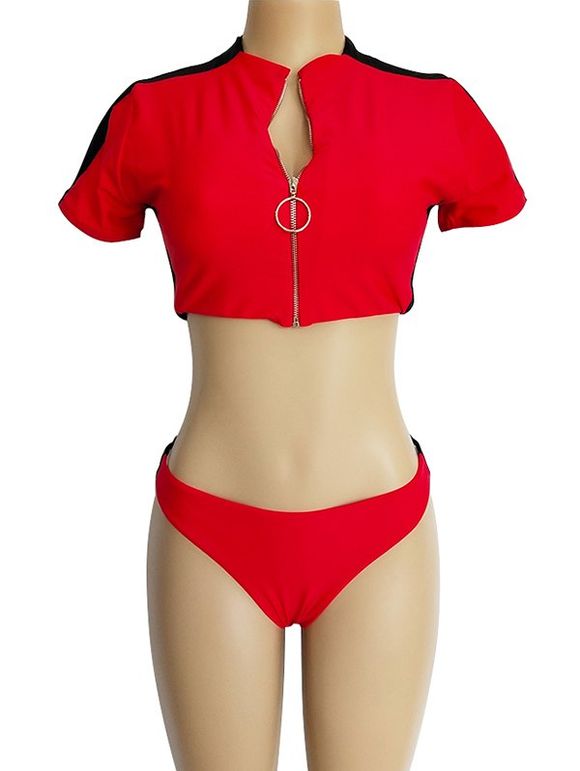 Maillot de bain sexy à manches courtes pour femmes - Rouge Rose XL