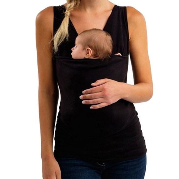T-Shirt à Manches Courtes et de Kangourou de Maternité Vêtements Décontracté Gilet sans Manches Courtes - Noir L