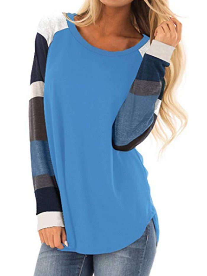 

Women T-shirt Round Neck Pullover Long Sleeve, Sky blue